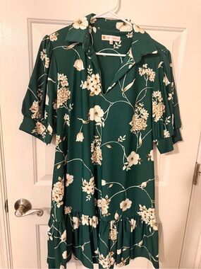 Jude Connally Emerald Green Floral Dress with Ivory Blooms